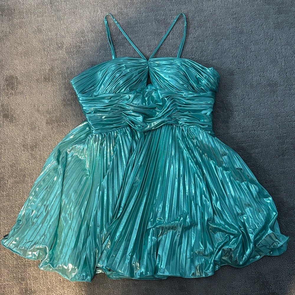 Teal Metallic Pleated Mini Dress - Women